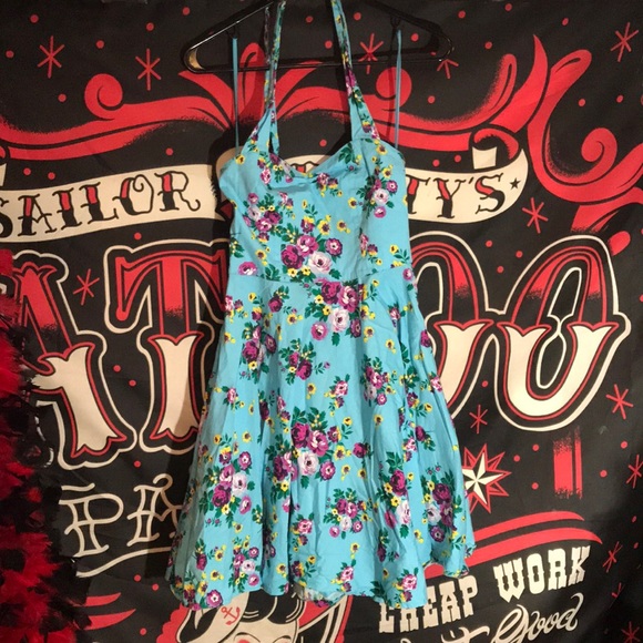 Hell Bunny Turquoise Floral Pinup Halter Dress 👗 - Picture 3 of 11
